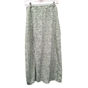 Long Floral Maxi Skirt Green Cream Small Print Slit Size Small